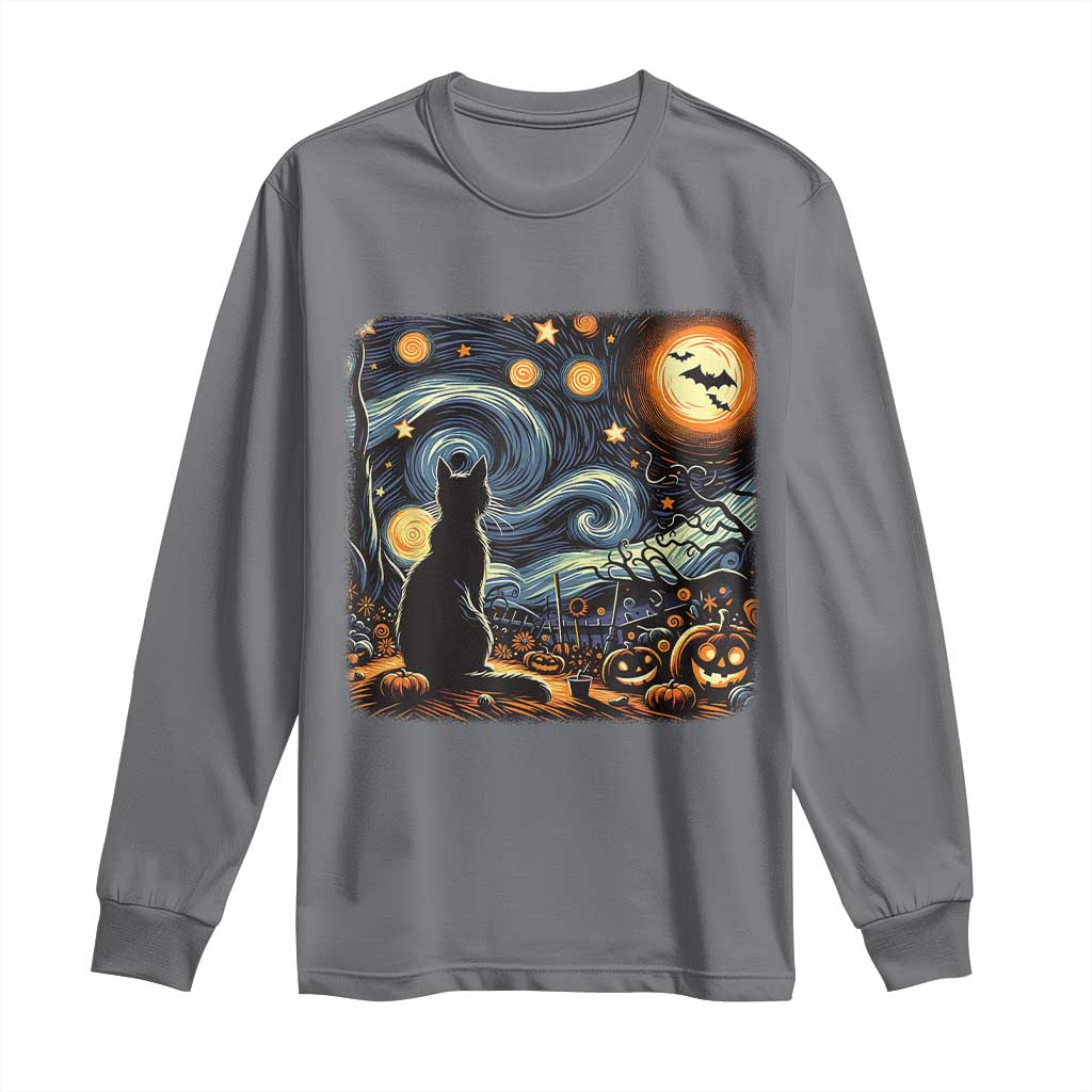 Black Cat Halloween Long Sleeve Shirt Starry Night Lover Van Gogh Inspo TS02 Charcoal Print Your Wear