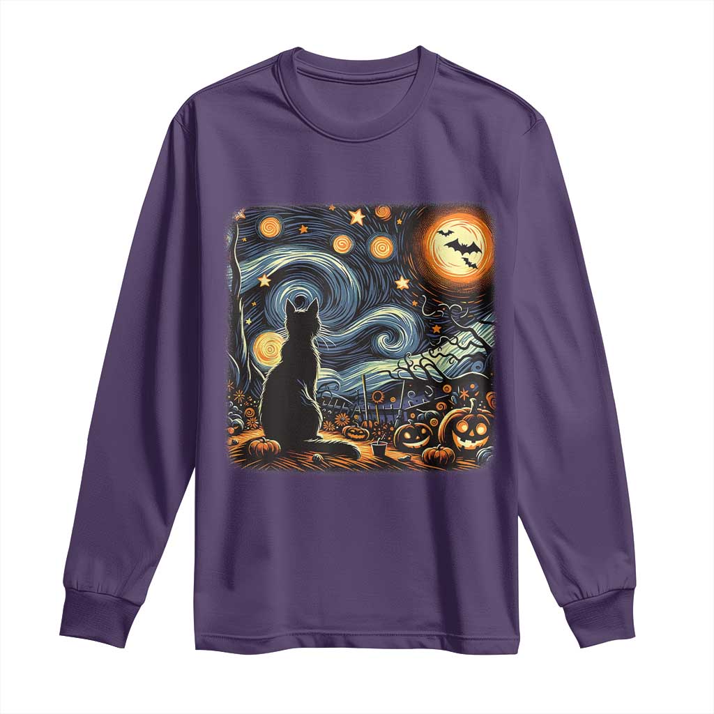 Black Cat Halloween Long Sleeve Shirt Starry Night Lover Van Gogh Inspo TS02 Purple Print Your Wear