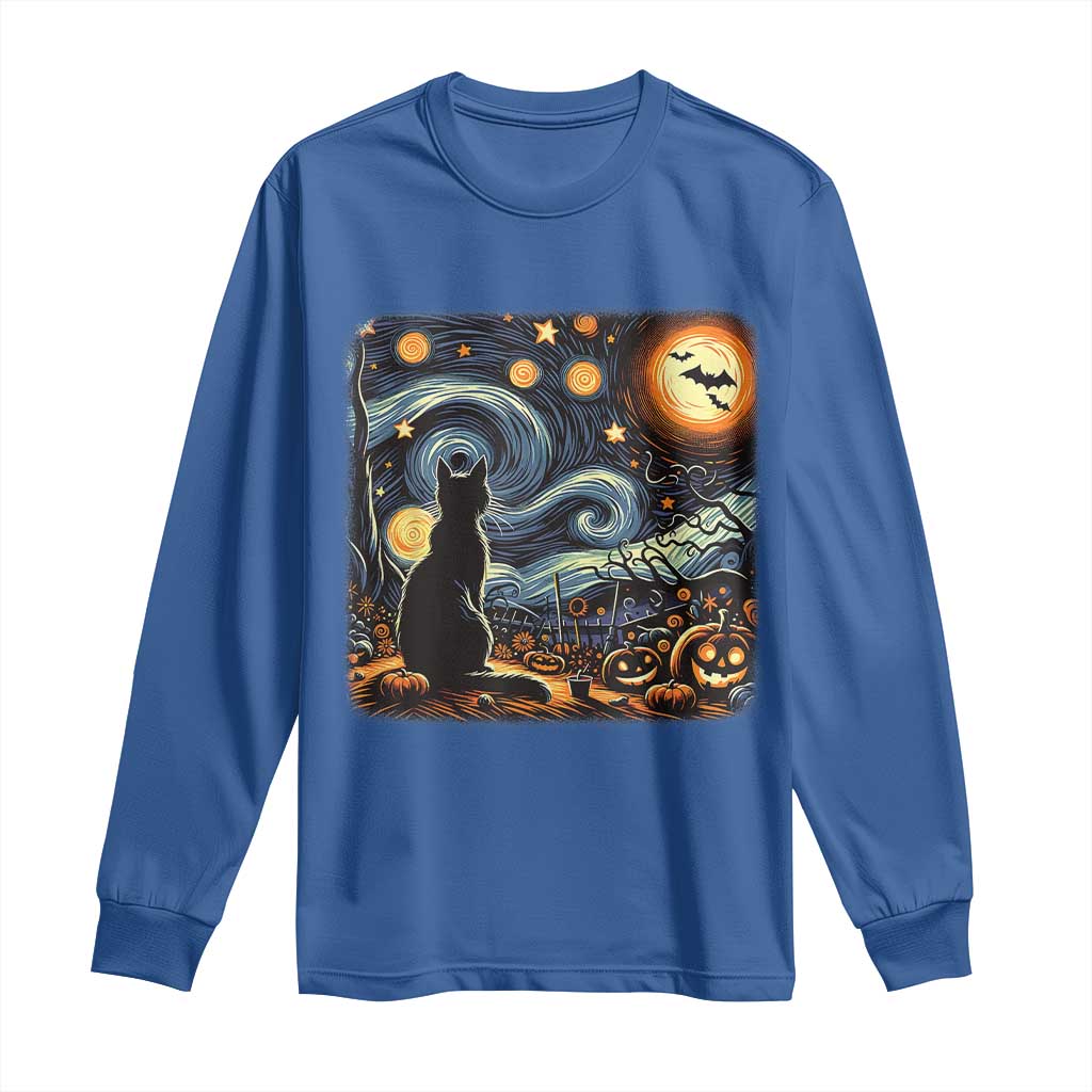 Black Cat Halloween Long Sleeve Shirt Starry Night Lover Van Gogh Inspo TS02 Royal Blue Print Your Wear