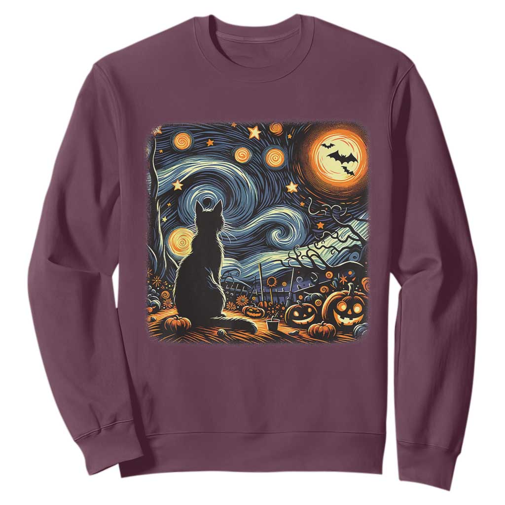 Black Cat Halloween Sweatshirt Starry Night Lover Van Gogh Inspo TS02 Maroon Print Your Wear