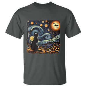 Black Cat Halloween T Shirt Starry Night Lover Van Gogh Inspo TS02 Dark Heather Print Your Wear