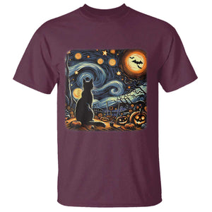 Black Cat Halloween T Shirt Starry Night Lover Van Gogh Inspo TS02 Maroon Print Your Wear