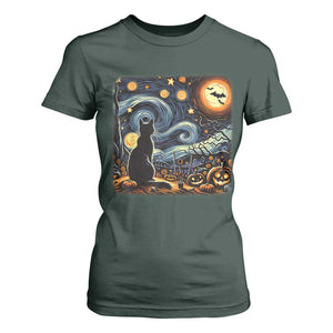 Black Cat Halloween T Shirt For Women Starry Night Lover Van Gogh Inspo TS02 Dark Forest Green Print Your Wear