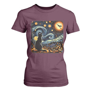 Black Cat Halloween T Shirt For Women Starry Night Lover Van Gogh Inspo TS02 Maroon Print Your Wear