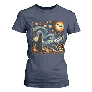 Black Cat Halloween T Shirt For Women Starry Night Lover Van Gogh Inspo TS02 Navy Print Your Wear