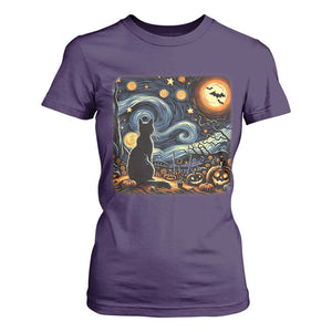 Black Cat Halloween T Shirt For Women Starry Night Lover Van Gogh Inspo TS02 Purple Print Your Wear