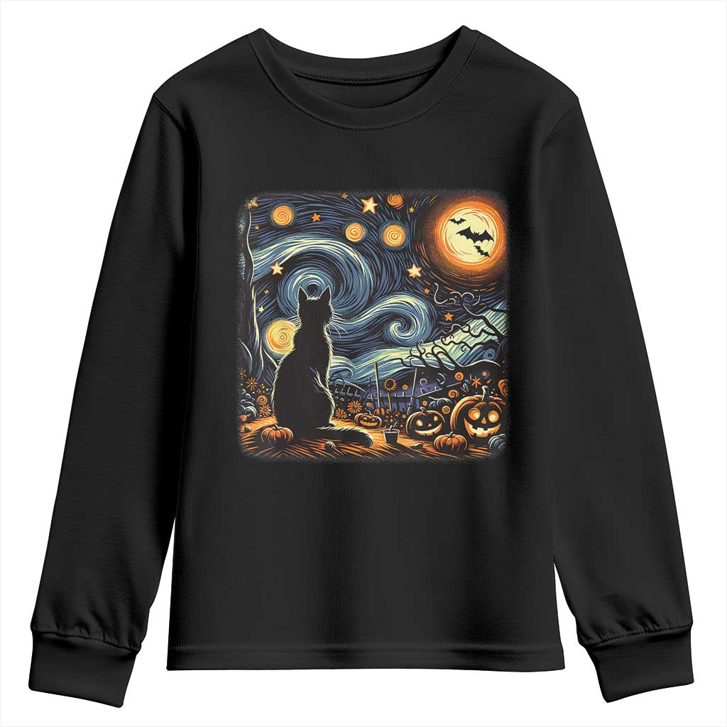 Black Cat Halloween Youth Sweatshirt Starry Night Lover Van Gogh Inspo TS02 Black Print Your Wear