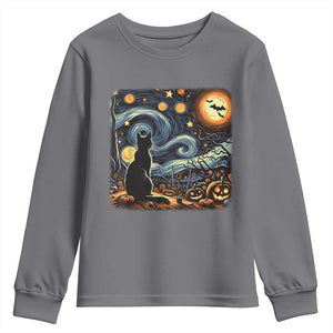 Black Cat Halloween Youth Sweatshirt Starry Night Lover Van Gogh Inspo TS02 Charcoal Print Your Wear