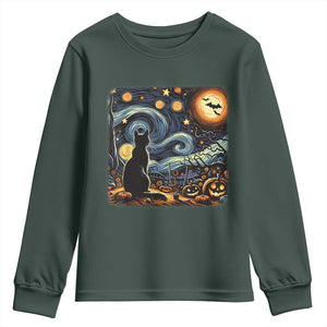 Black Cat Halloween Youth Sweatshirt Starry Night Lover Van Gogh Inspo TS02 Dark Forest Green Print Your Wear
