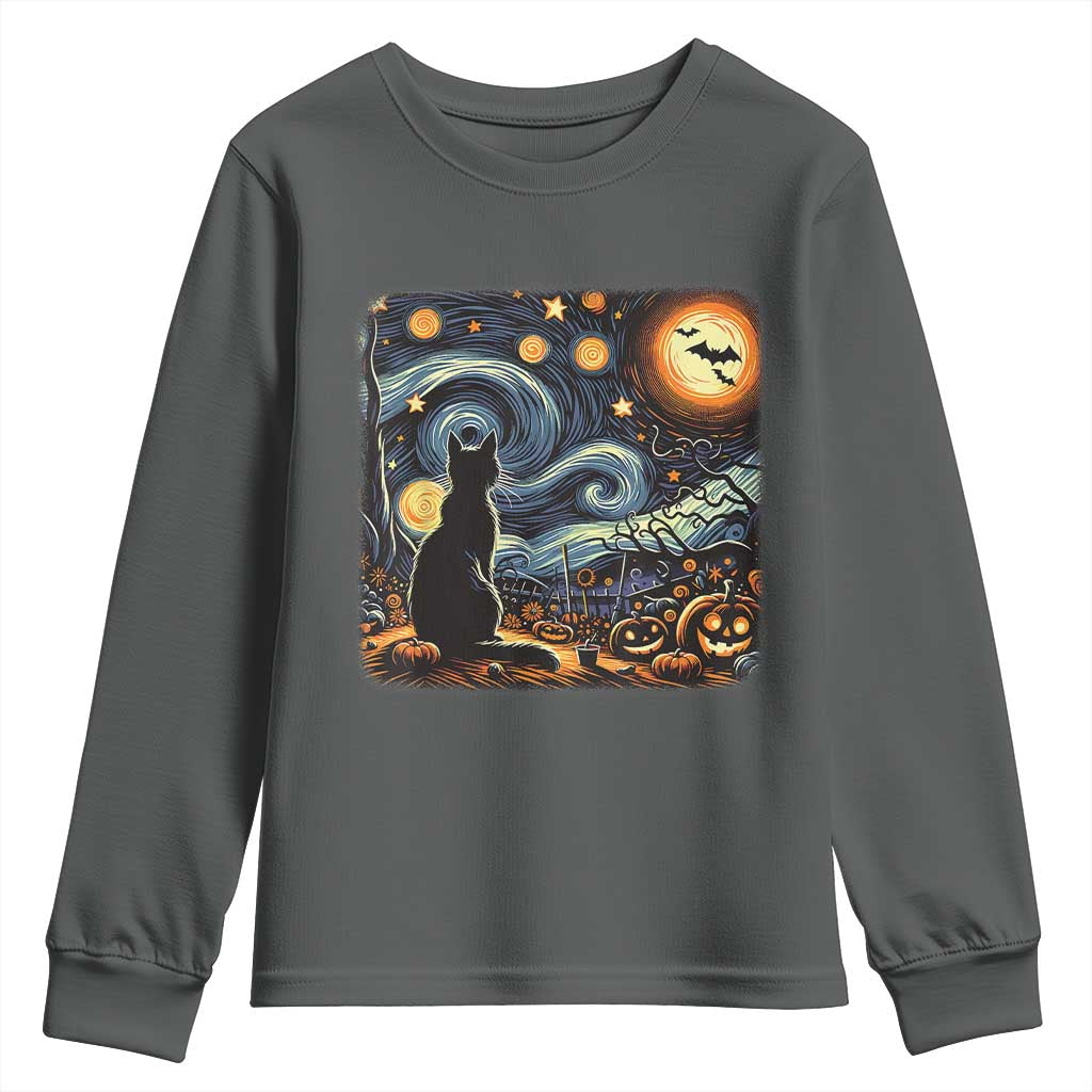 Black Cat Halloween Youth Sweatshirt Starry Night Lover Van Gogh Inspo TS02 Dark Heather Print Your Wear