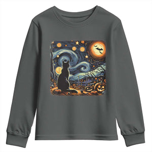 Black Cat Halloween Youth Sweatshirt Starry Night Lover Van Gogh Inspo TS02 Dark Heather Print Your Wear
