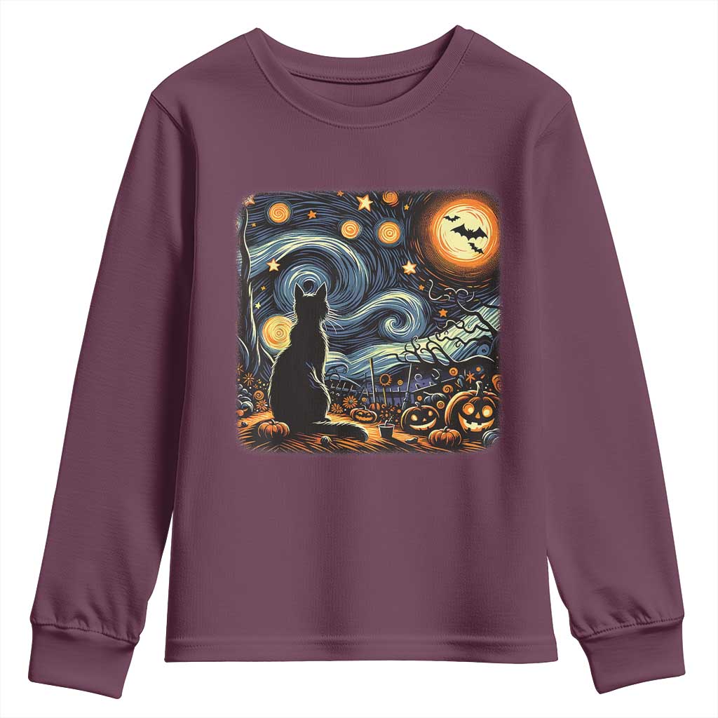 Black Cat Halloween Youth Sweatshirt Starry Night Lover Van Gogh Inspo TS02 Maroon Print Your Wear
