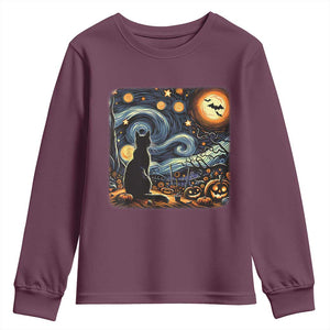 Black Cat Halloween Youth Sweatshirt Starry Night Lover Van Gogh Inspo TS02 Maroon Print Your Wear