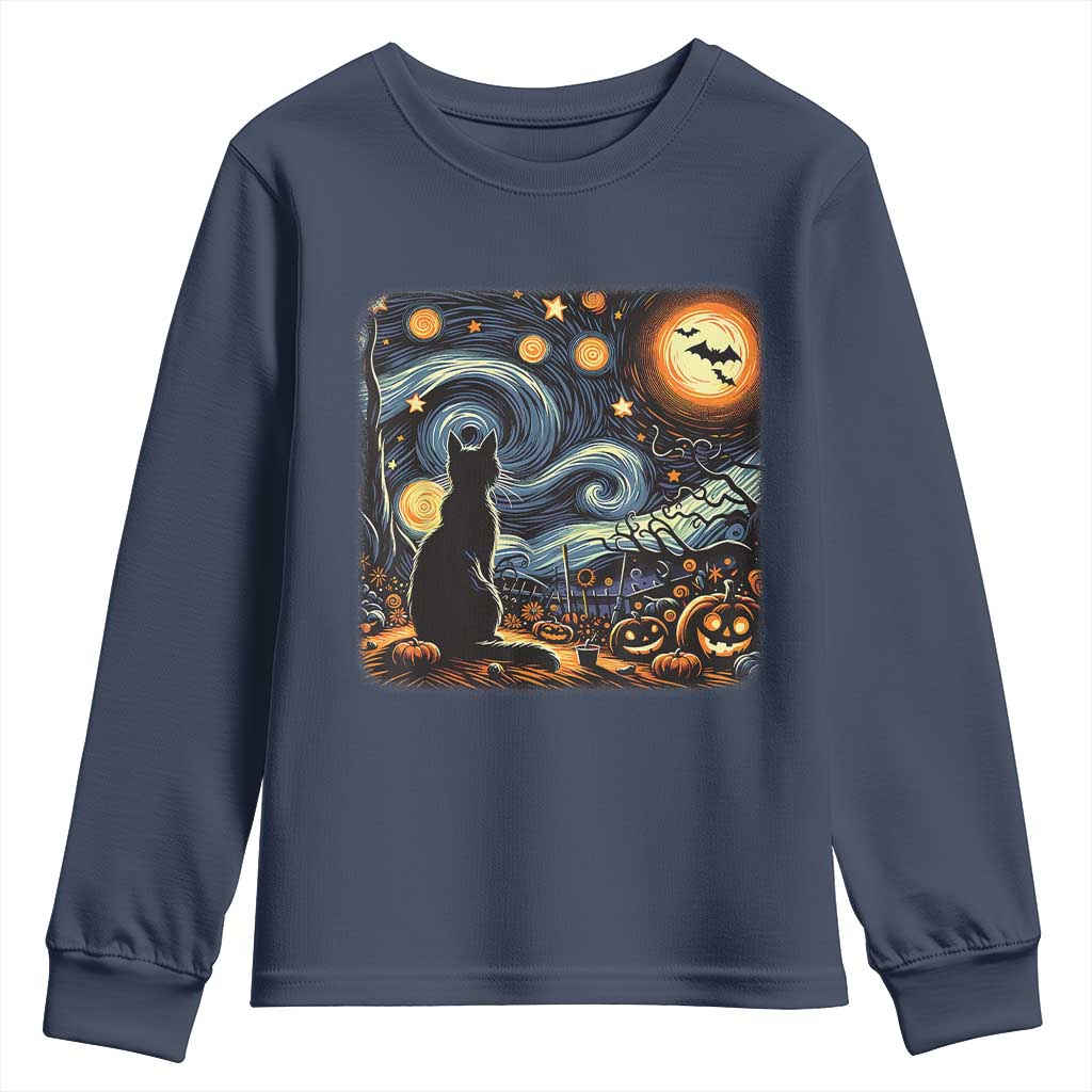 Black Cat Halloween Youth Sweatshirt Starry Night Lover Van Gogh Inspo TS02 Navy Print Your Wear