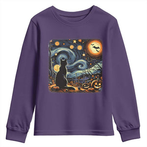 Black Cat Halloween Youth Sweatshirt Starry Night Lover Van Gogh Inspo TS02 Purple Print Your Wear