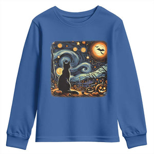 Black Cat Halloween Youth Sweatshirt Starry Night Lover Van Gogh Inspo TS02 Royal Blue Print Your Wear