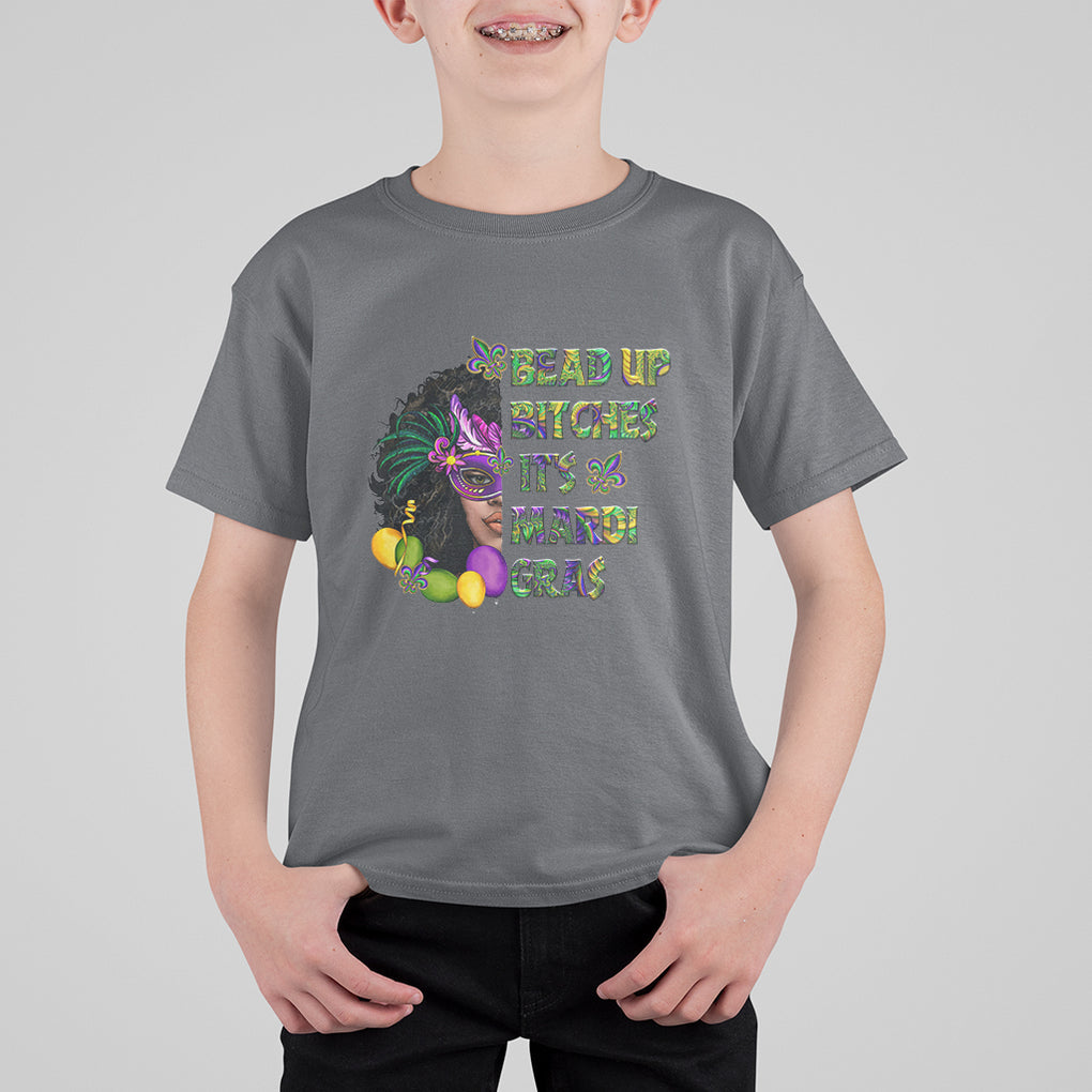Funny Mardi Gras T Shirt For Kid Bead Up Bitches Woman with Mask Carnival Parade TS02 Charcoal Printyourwear