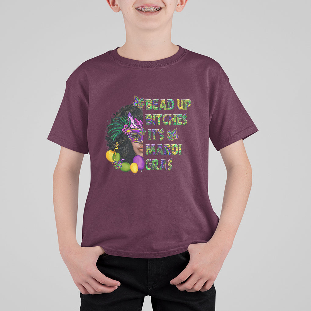 Funny Mardi Gras T Shirt For Kid Bead Up Bitches Woman with Mask Carnival Parade TS02 Maroon Printyourwear