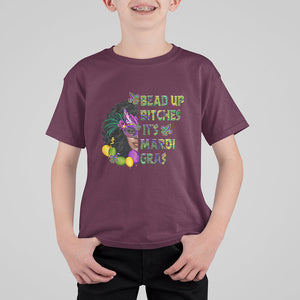 Funny Mardi Gras T Shirt For Kid Bead Up Bitches Woman with Mask Carnival Parade TS02 Maroon Printyourwear