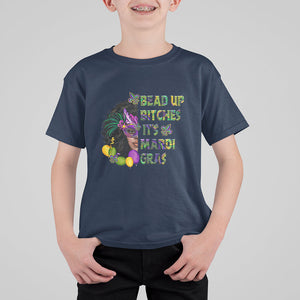 Funny Mardi Gras T Shirt For Kid Bead Up Bitches Woman with Mask Carnival Parade TS02 Navy Printyourwear