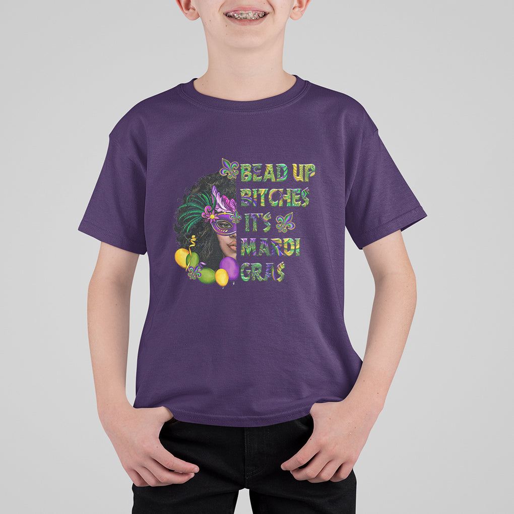 Funny Mardi Gras T Shirt For Kid Bead Up Bitches Woman with Mask Carnival Parade TS02 Purple Printyourwear