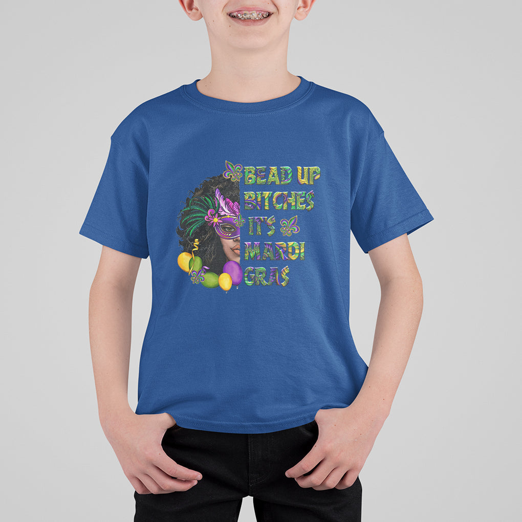 Funny Mardi Gras T Shirt For Kid Bead Up Bitches Woman with Mask Carnival Parade TS02 Royal Blue Printyourwear