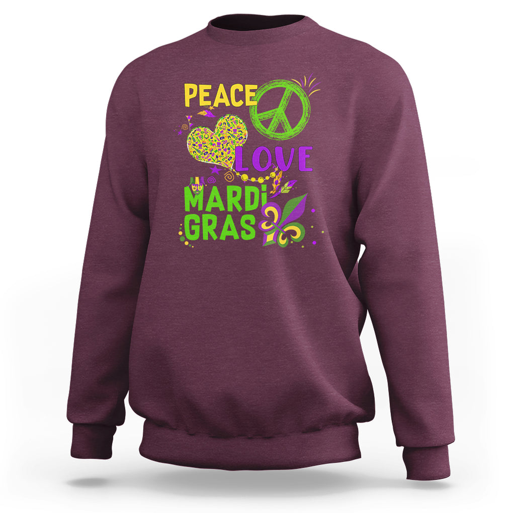Peace Love Mardi Gras Sweatshirt Parade Costume Carnival TS02 Maroon Printyourwear