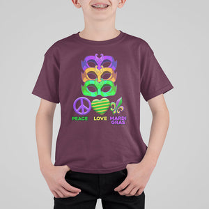 Peace Love Mardi Gras T Shirt For Kid Parade Costume Carnival Masks TS02 Maroon Printyourwear