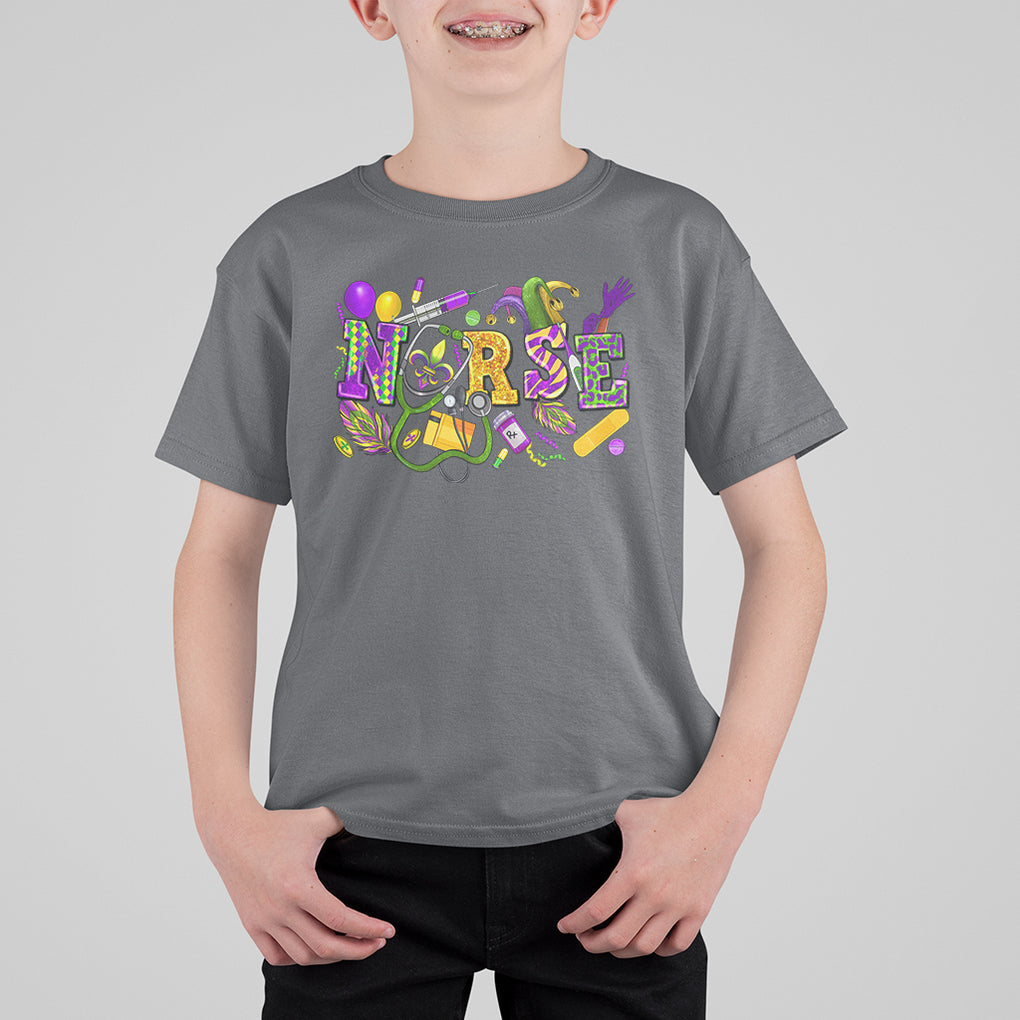 Mardi Gras Nurse T Shirt For Kid Carnival Costume Mask Beads Bling TS02 Charcoal Printyourwear