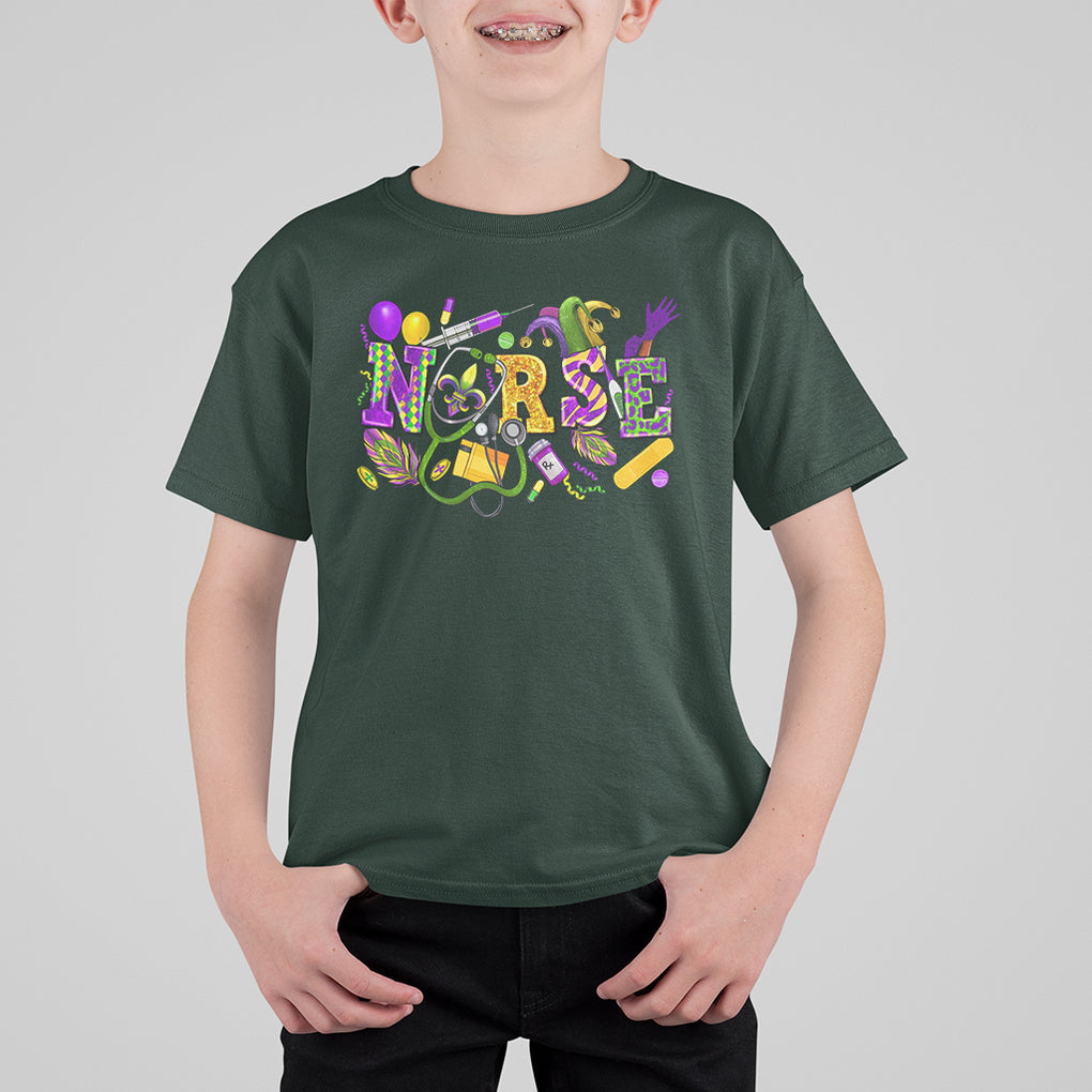 Mardi Gras Nurse T Shirt For Kid Carnival Costume Mask Beads Bling TS02 Dark Forest Green Printyourwear