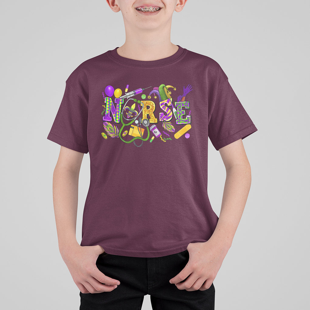 Mardi Gras Nurse T Shirt For Kid Carnival Costume Mask Beads Bling TS02 Maroon Printyourwear