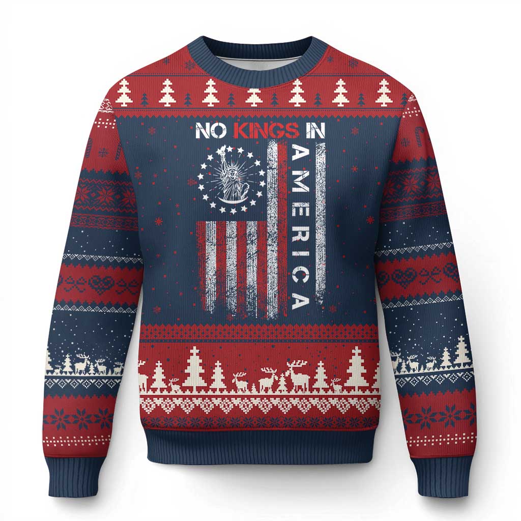No Kings In America Ugly Christmas Sweater Retro Freedom American Betsy Ross Flag TS02 Navy Red Print Your Wear