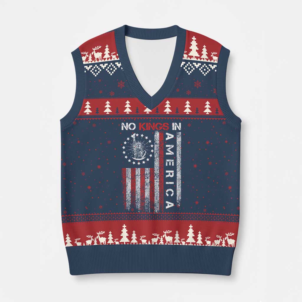 No Kings In America V-Neck Knit Sweater Vest Retro Freedom American Betsy Ross Flag TS02 Navy Red Print Your Wear