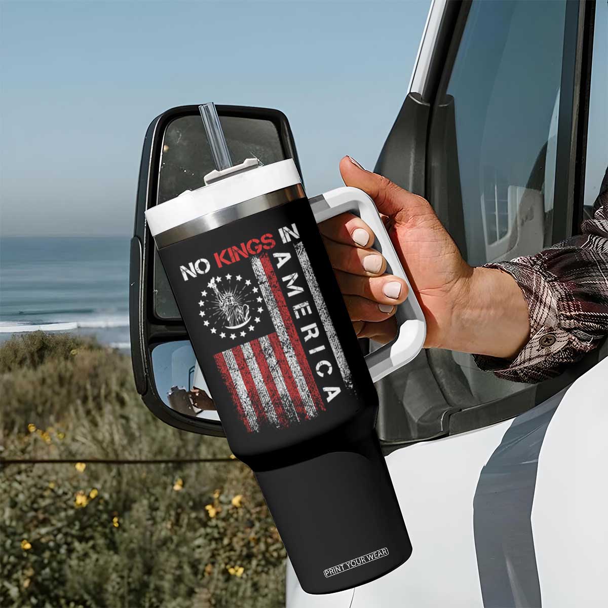 No Kings In America Tumbler With Handle Retro Freedom American Betsy Ross Flag TS02 Print Your Wear