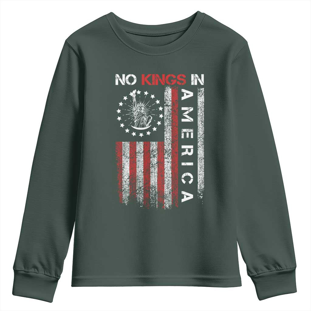 No Kings In America Youth Sweatshirt Retro Freedom American Betsy Ross Flag TS02 Dark Forest Green Print Your Wear