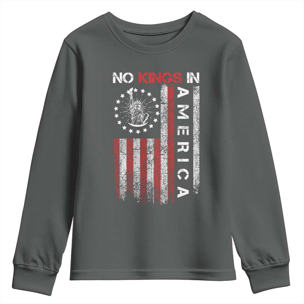 No Kings In America Youth Sweatshirt Retro Freedom American Betsy Ross Flag TS02 Dark Heather Print Your Wear