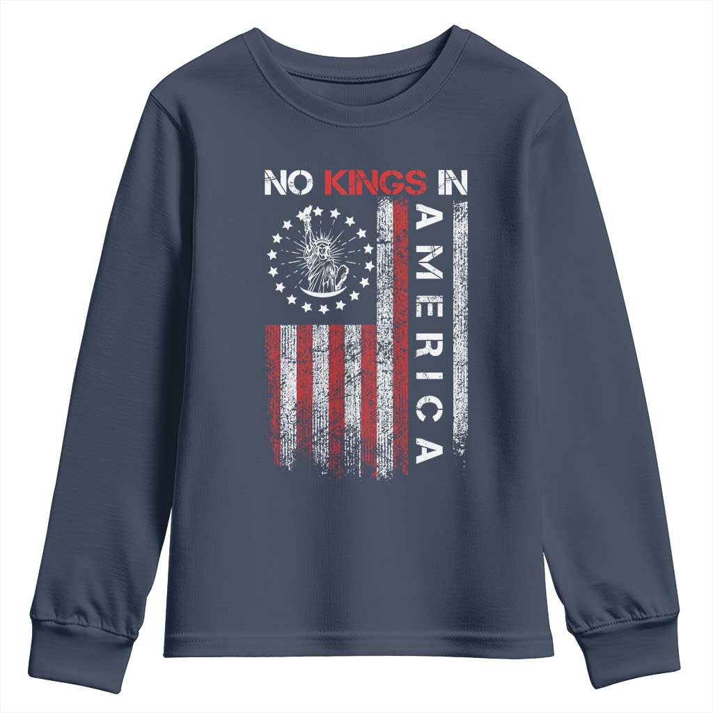 No Kings In America Youth Sweatshirt Retro Freedom American Betsy Ross Flag TS02 Navy Print Your Wear