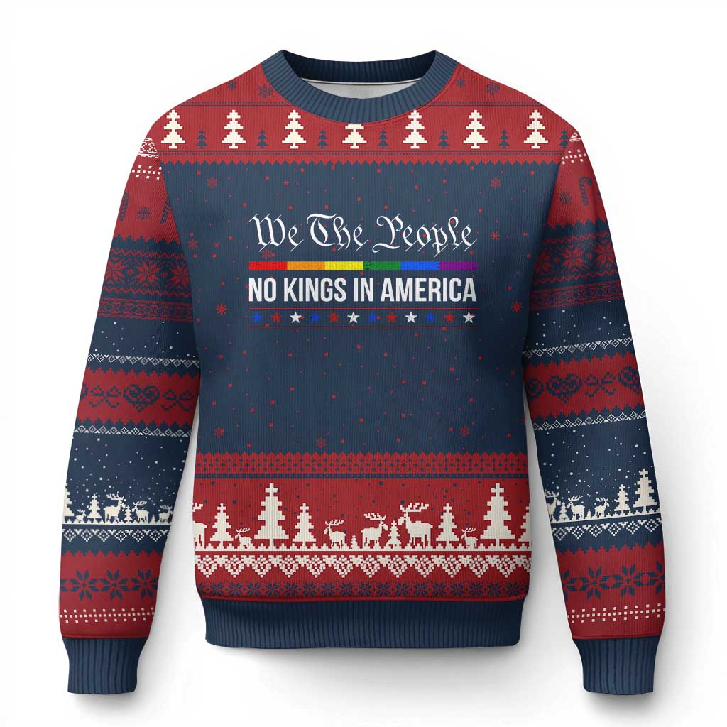 No Kings In America Ugly Christmas Sweater We The People TS02 Navy Red Print Your Wear