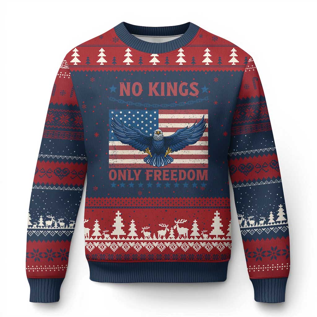 No Kings Only Freedom Ugly Christmas Sweater American Flag Bald Eagle Retro Vintage TS02 Navy Red Print Your Wear