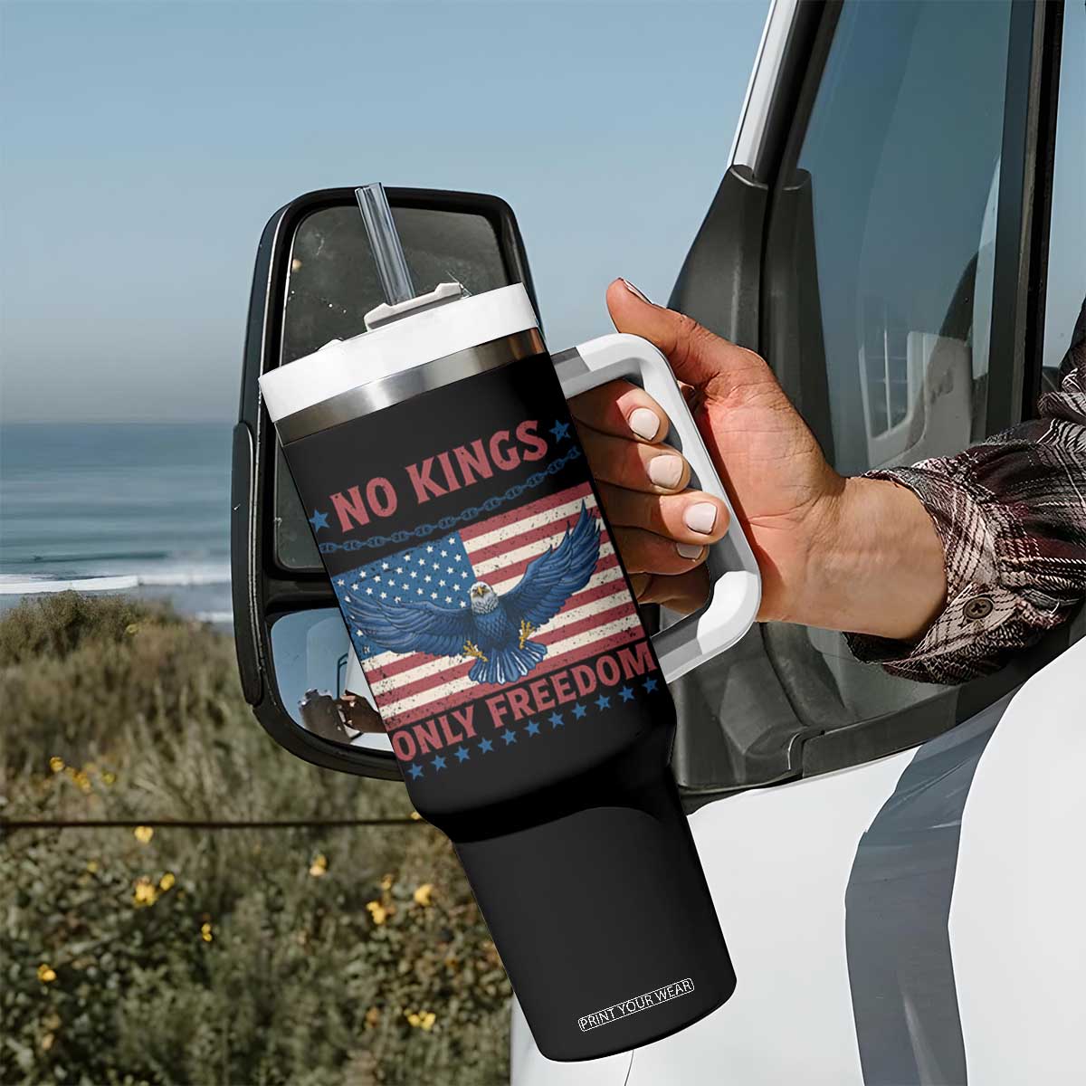 No Kings Only Freedom Tumbler With Handle American Flag Bald Eagle Retro Vintage TS02 Print Your Wear