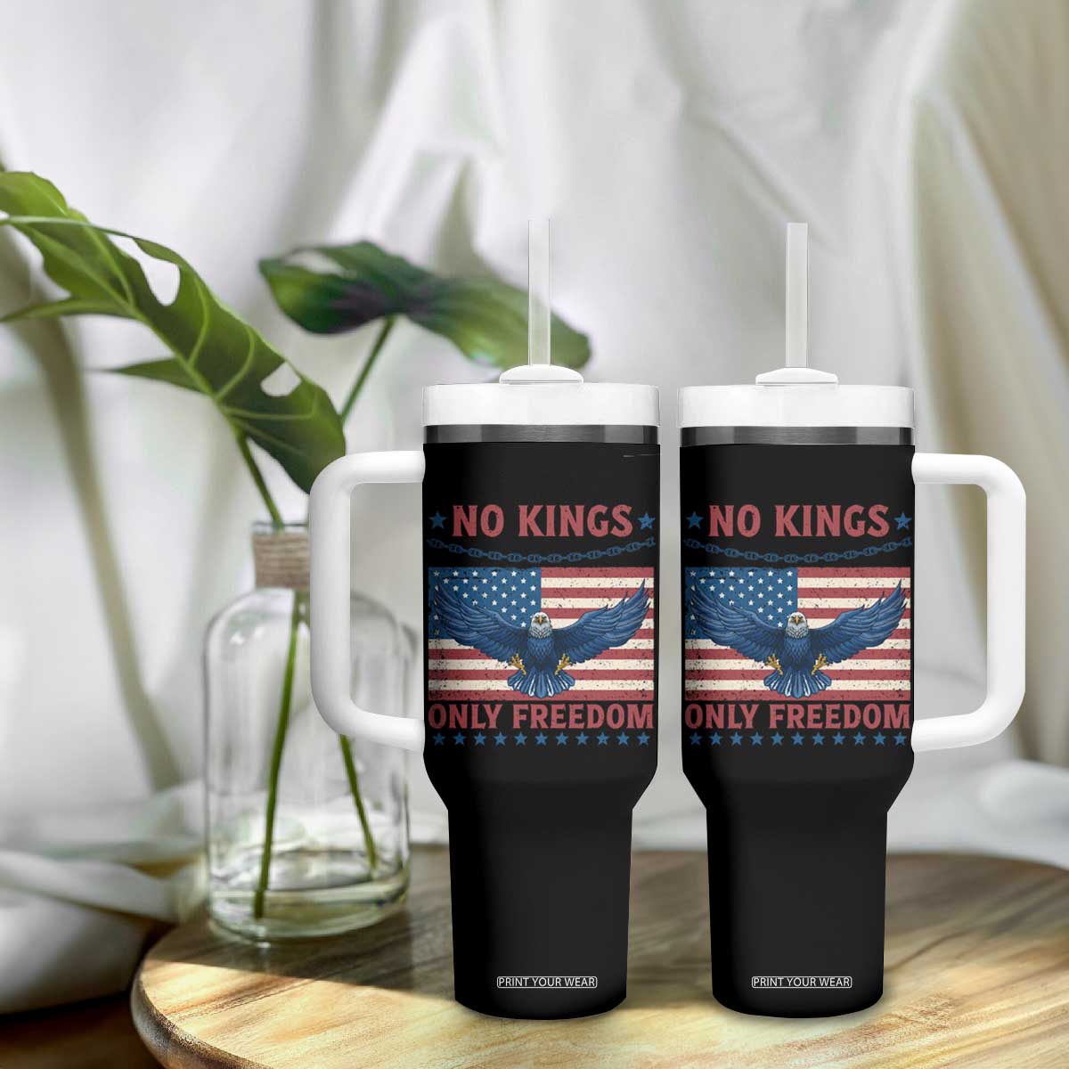 No Kings Only Freedom Tumbler With Handle American Flag Bald Eagle Retro Vintage TS02 Print Your Wear