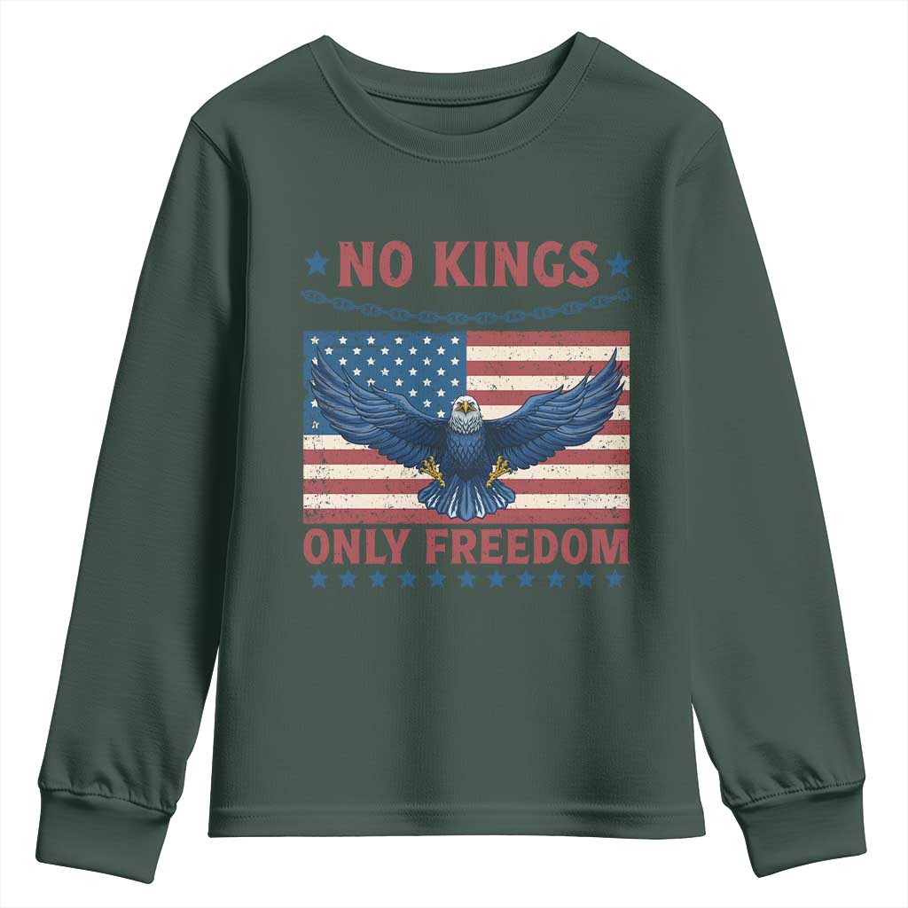 No Kings Only Freedom Youth Sweatshirt American Flag Bald Eagle Retro Vintage TS02 Dark Forest Green Print Your Wear