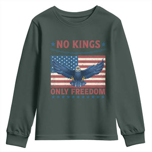 No Kings Only Freedom Youth Sweatshirt American Flag Bald Eagle Retro Vintage TS02 Dark Forest Green Print Your Wear