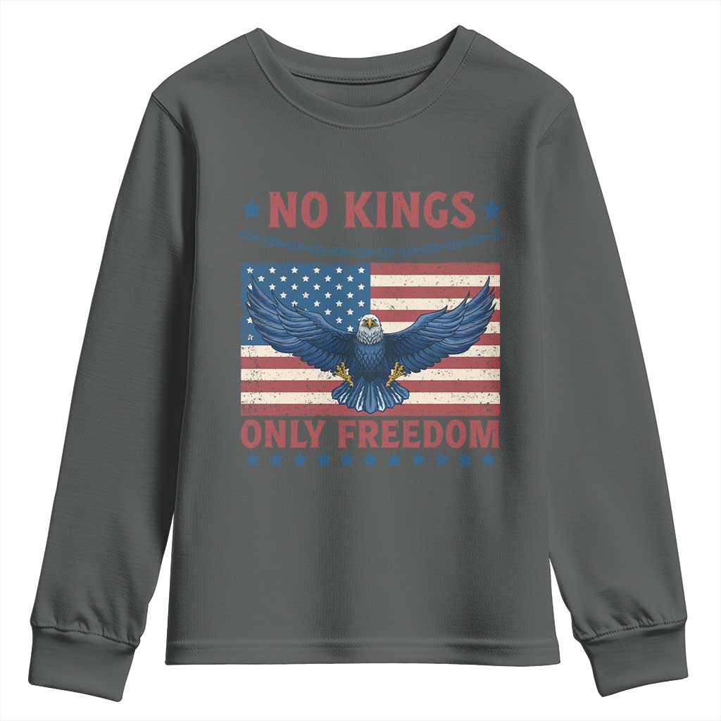 No Kings Only Freedom Youth Sweatshirt American Flag Bald Eagle Retro Vintage TS02 Dark Heather Print Your Wear