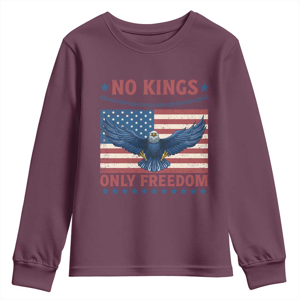 No Kings Only Freedom Youth Sweatshirt American Flag Bald Eagle Retro Vintage TS02 Maroon Print Your Wear