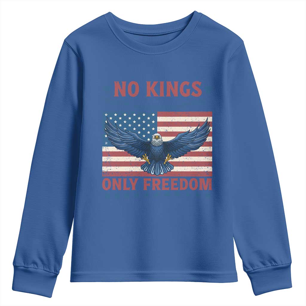 No Kings Only Freedom Youth Sweatshirt American Flag Bald Eagle Retro Vintage TS02 Royal Blue Print Your Wear