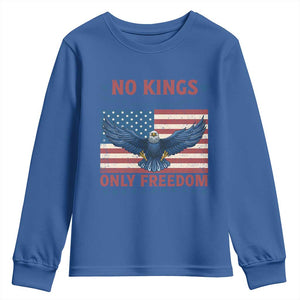 No Kings Only Freedom Youth Sweatshirt American Flag Bald Eagle Retro Vintage TS02 Royal Blue Print Your Wear
