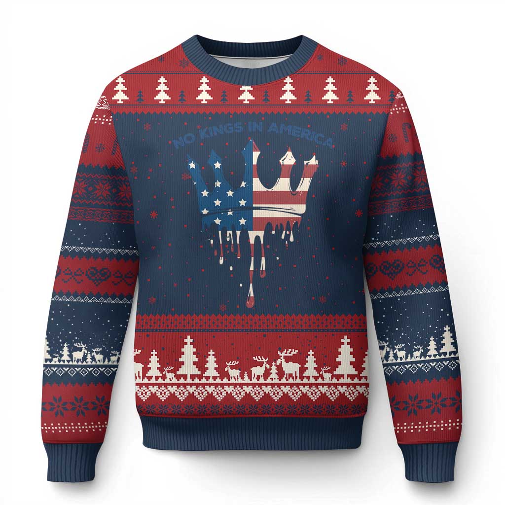 No Kings In America Ugly Christmas Sweater Dripping Crown TS02 Navy Red Print Your Wear