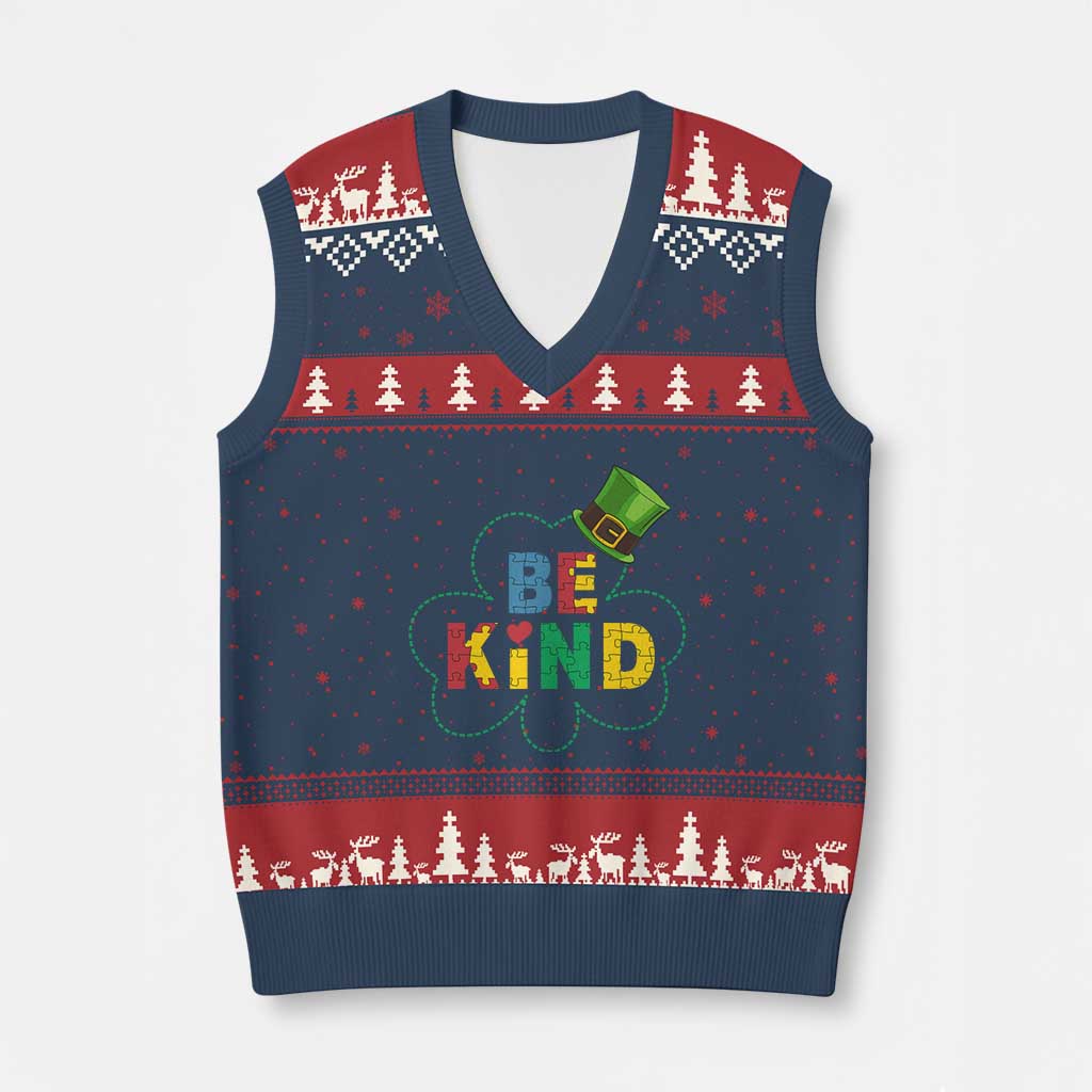 Lucky Shamrock Be Kind V-Neck Knit Sweater Vest Autism Leprechaun St Patricks Day TS02 Navy Red Print Your Wear