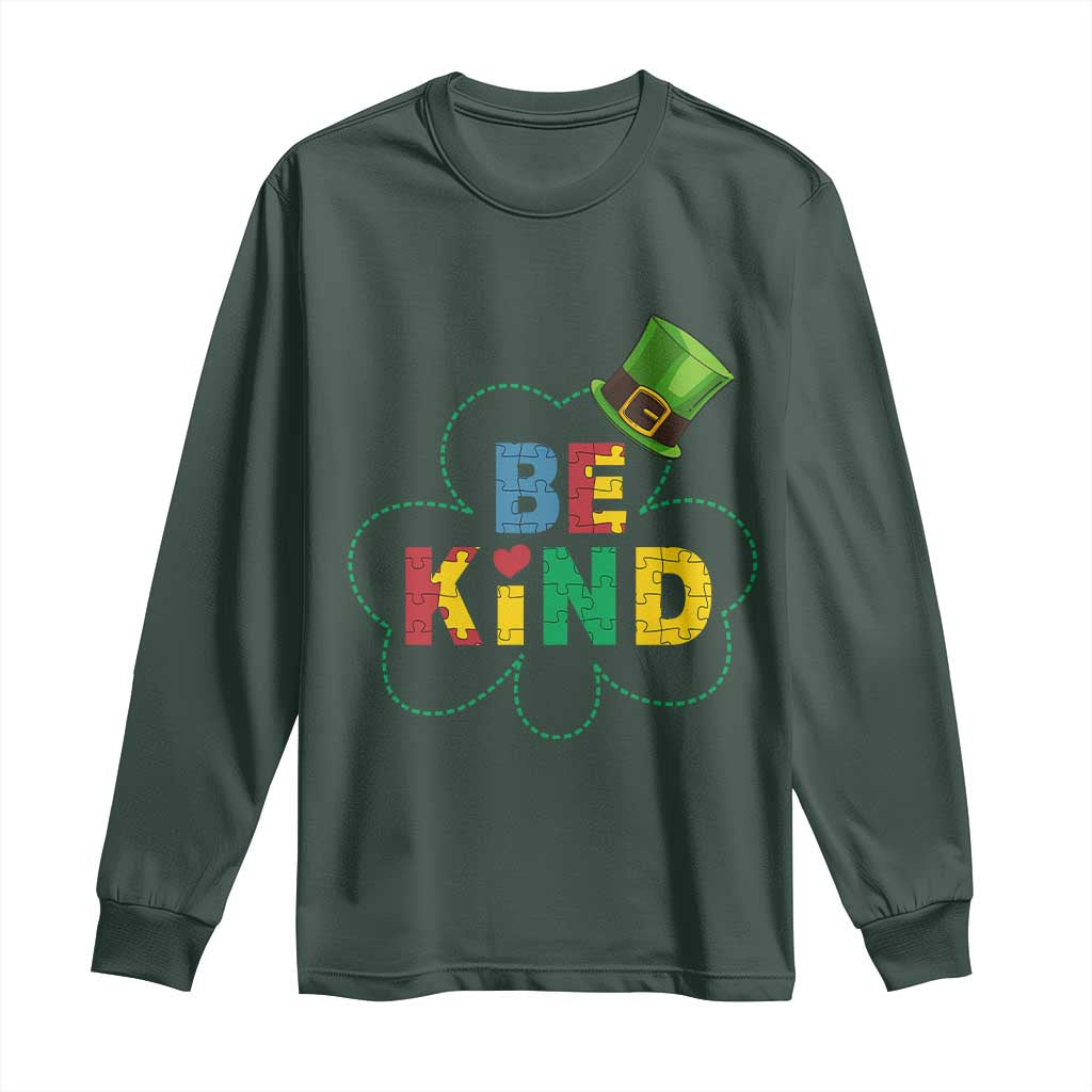 Lucky Shamrock Be Kind Long Sleeve Shirt Autism Leprechaun St Patricks Day TS02 Dark Forest Green Print Your Wear